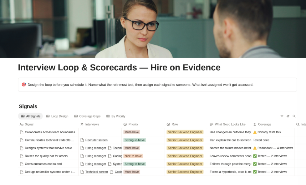 Interview Loop & Scorecards showing the signal board with interview assignments, priorities and coverage